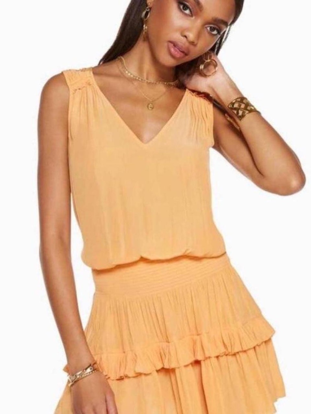 Ramy Brook Peach Sleeveless V-Neck Tiered Ruffle Dress
